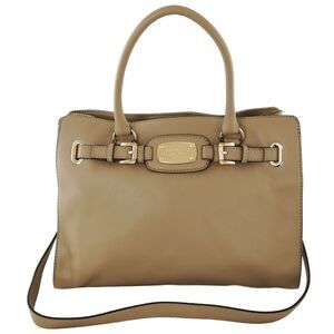 Michael Kors Hamilton Handbag Dark Khaki Beige Brown Top Handle Medium Satchel